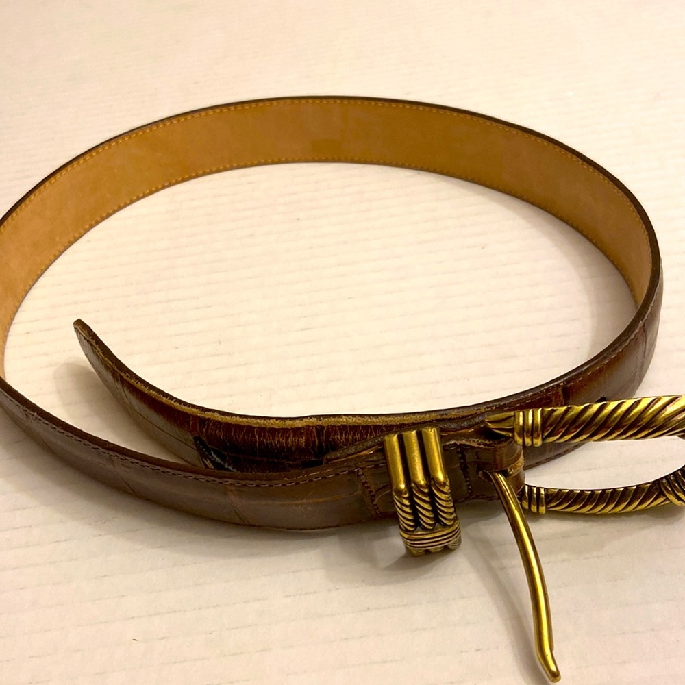 Brighton Women Size Small Brown Five Holes Adjustable Croc Style Gold Metal Belt - Picture 7 of 8